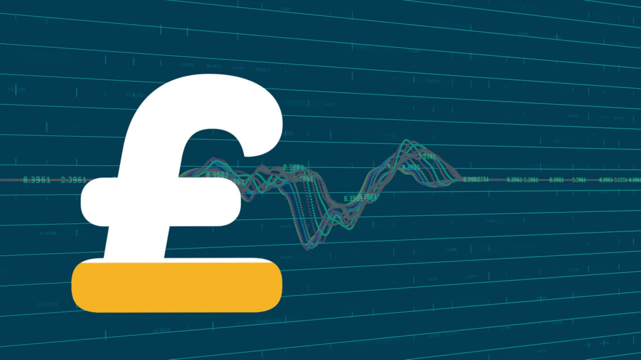 Animation af britisk pund-tegn, der fyldes med gult over finansiel databehandling