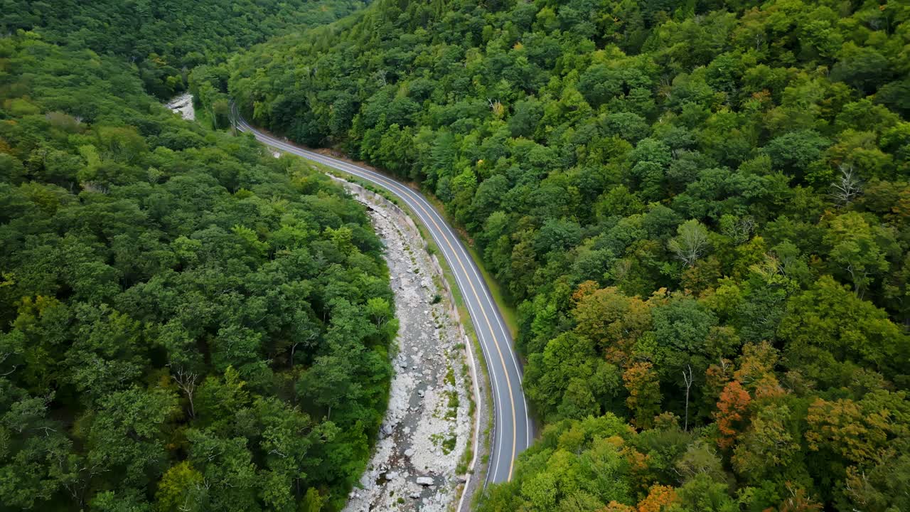 Un dron sobrevuela la carretera panorámica Mohawk Trail, que serpentea a través de un vibrante bosque verde con un arroyo paralelo, Berkshire, Massachusetts, EE. UU.
