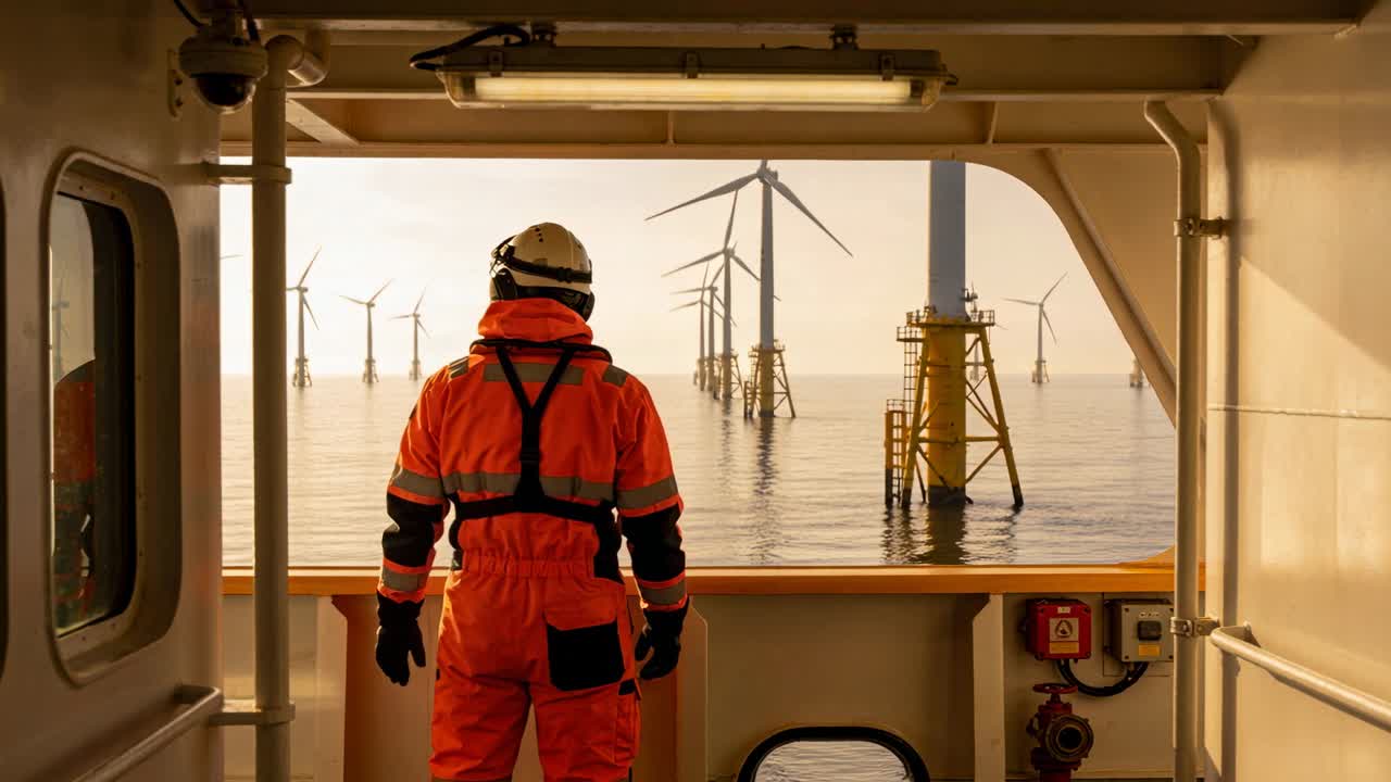 Vertical video: Vessel holding position, crew stepping to railing and observing wind farm turbines