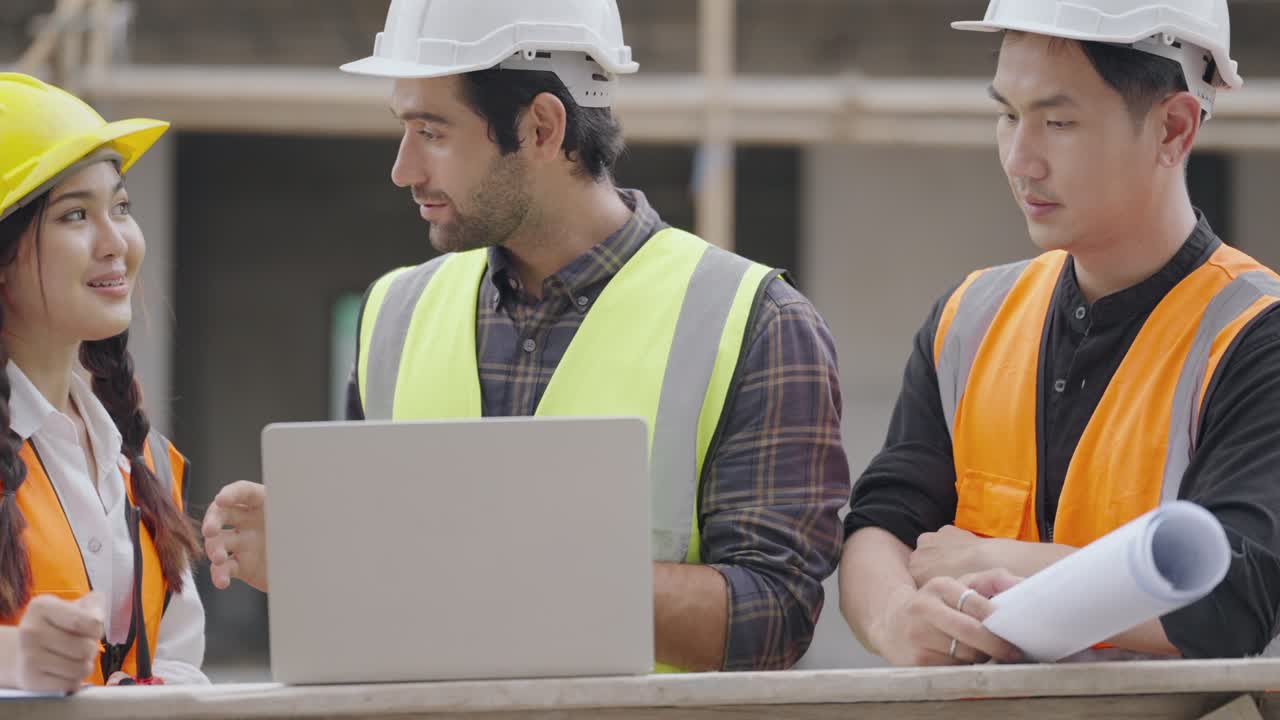 Professional civil engineer meeting with team contractor and foreman, talking and explain housing construction model in laptop, shake hands after reaching an agreement in plan or in the form of work.