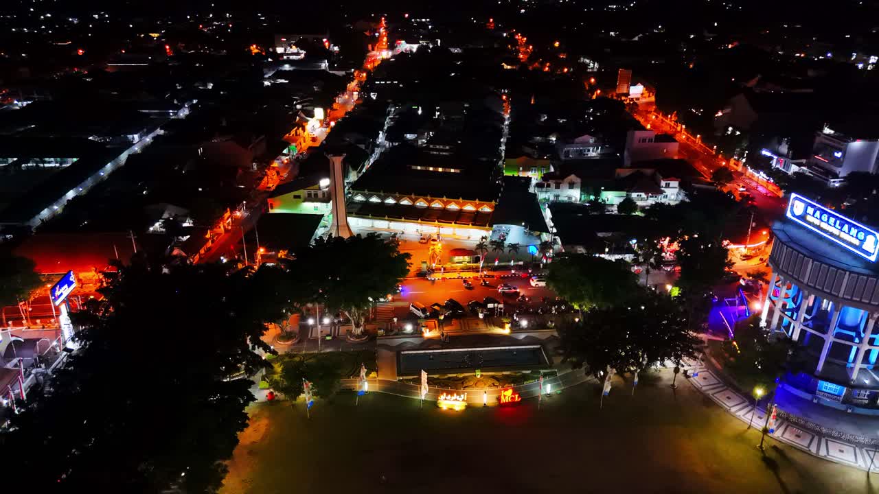 Aerial view of Grand Mosque of Kauman Magelang on the Magelang town square on the night