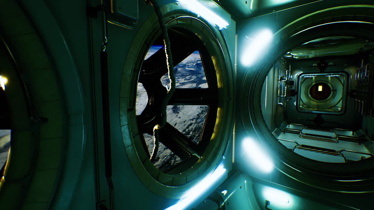 Vista unica dall'interno di una stazione spaziale con la terra sullo sfondo