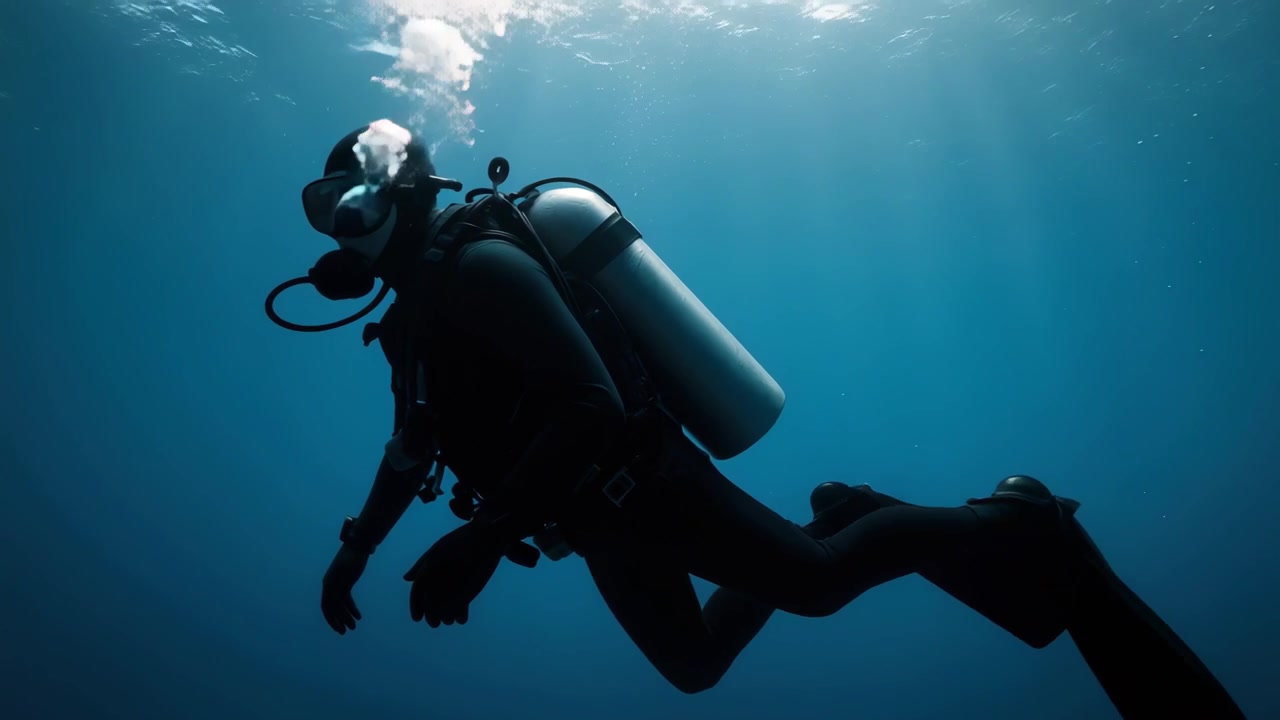 Mergulhador Nadando Subaquático em Oceano Azul Profundo