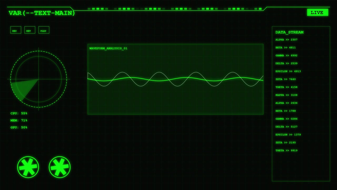 Digital Interface Displaying Real-Time Waveform Analysis and Data Streams