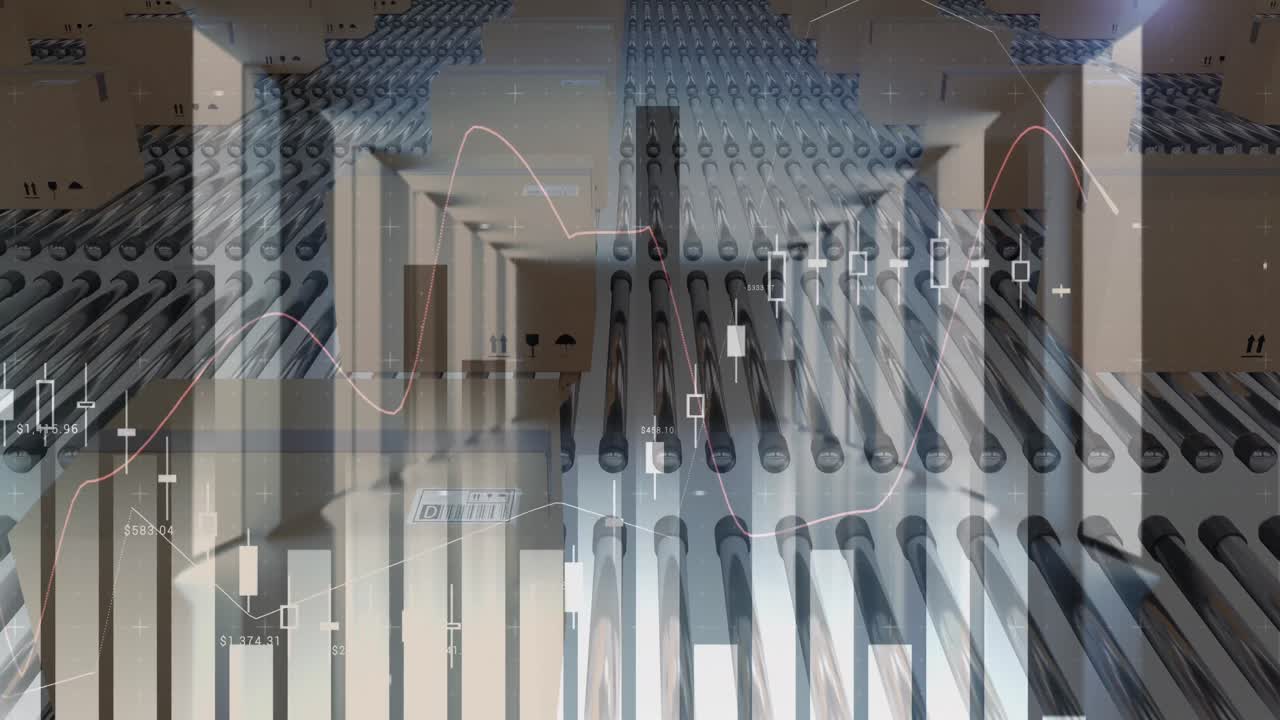 컨베이어 벨트에 있는 카드보드 상자 위의 통계 기록의 애니메이션