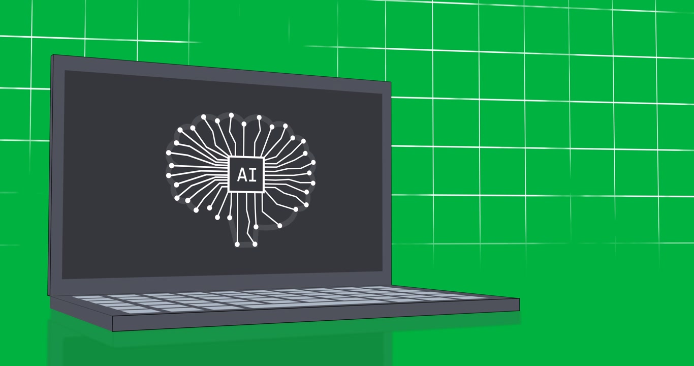 Animation eines Laptops mit KI-Chat auf transparentem Hintergrund.
