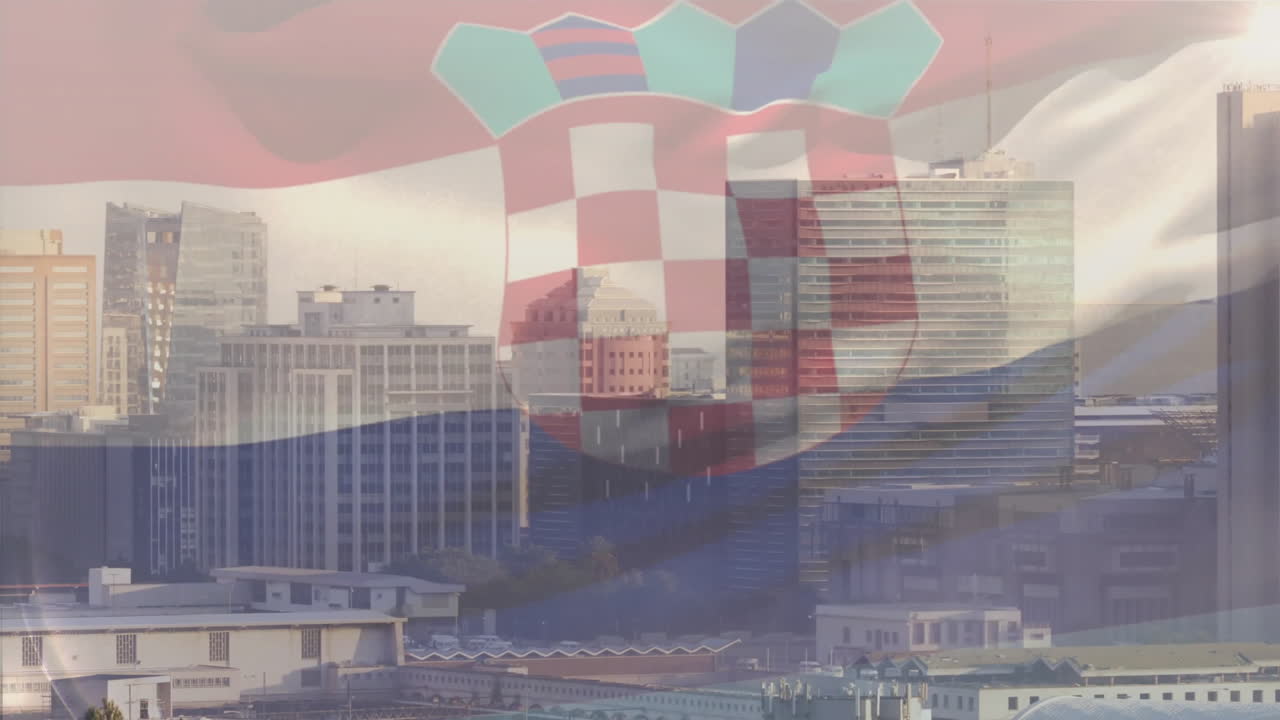 Croatian flag and coat of arms animation over cityscape with modern buildings