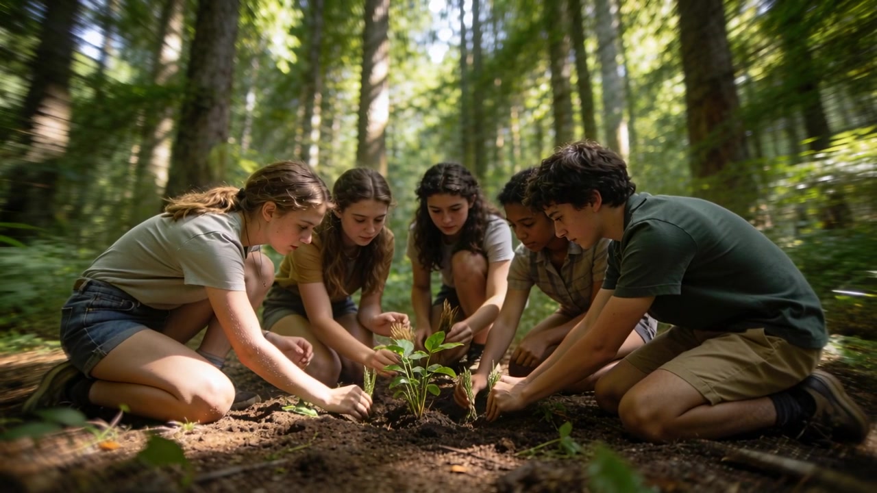 Planting prompted by school, five teens kneeling in forest clearing, steadying sapling in shorts