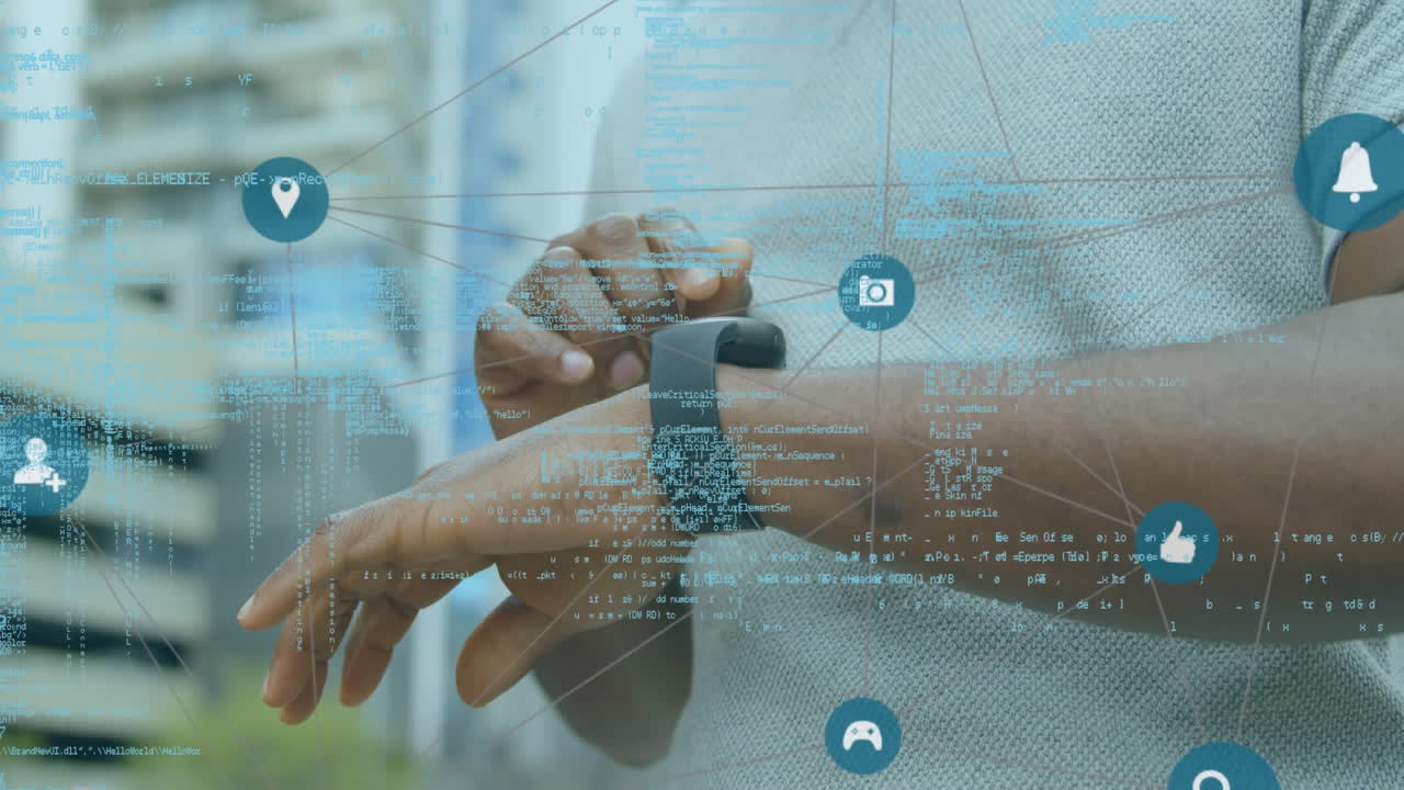 web de iconos de conexiones y procesamiento de datos contra el hombre usando smartwatch
