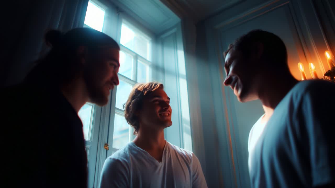 A Captivating Moment of Connection: Three Friends Engaging in Laughter and Conversation, Illuminated by Soft Natural Light Streaming Through the Windows, Creating an Intimate Atmosphere of Joy and Bonding