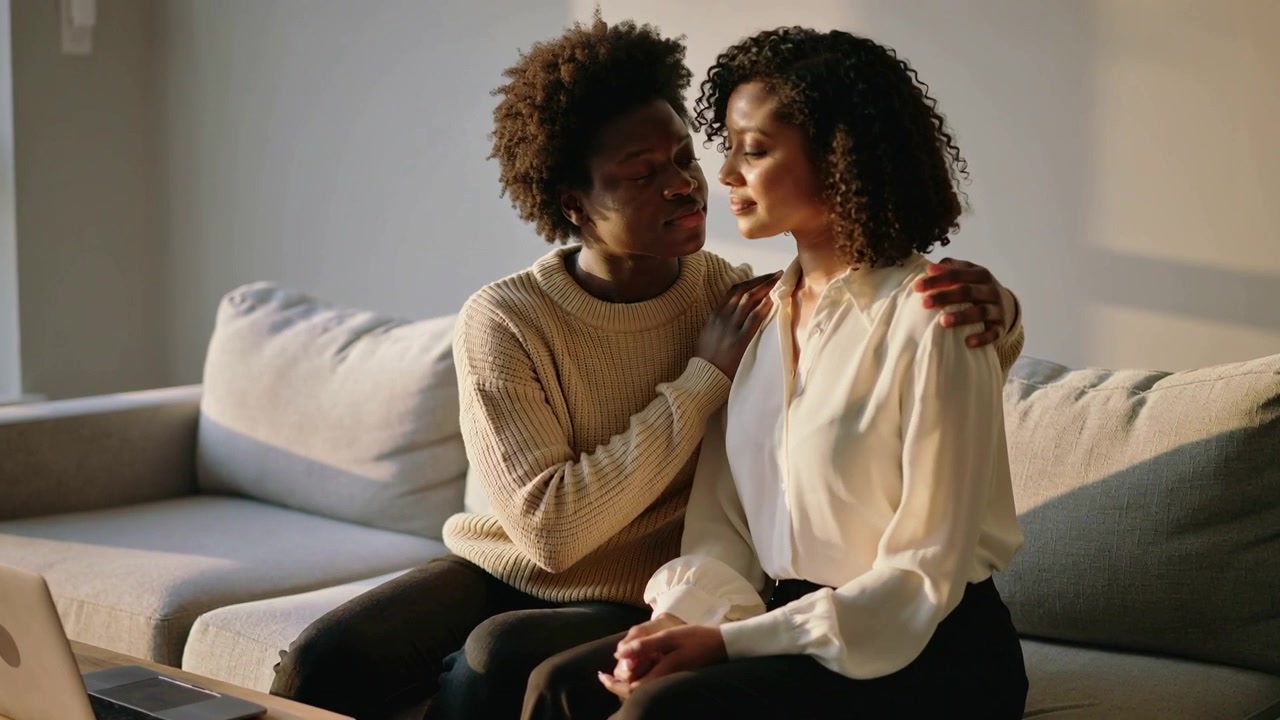 Speaking man in cream sweater turning toward and comforting woman in white blouse on couch, laptop