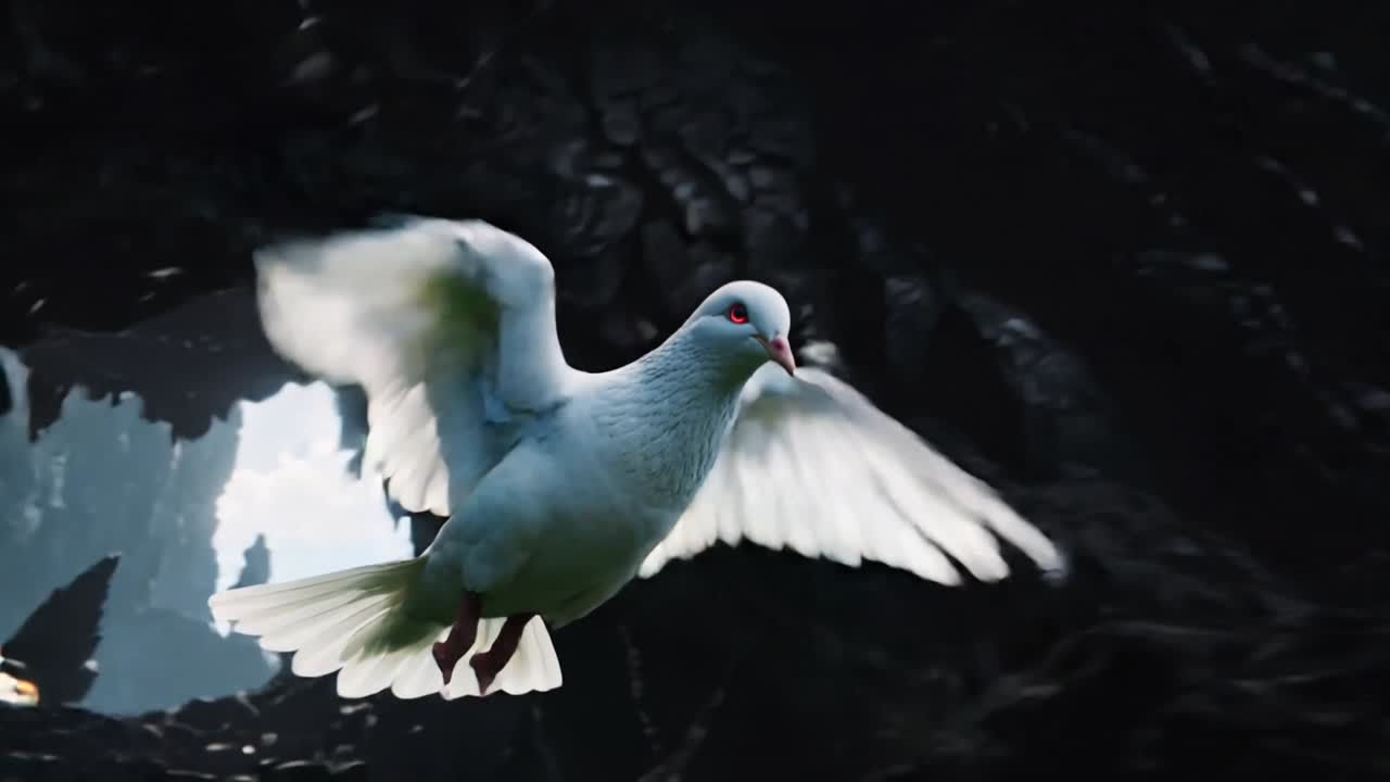 Paloma blanca volando con ojo rojo reaccionando a la luz del sol, entrando en una cueva oscura que se abre hacia la cámara