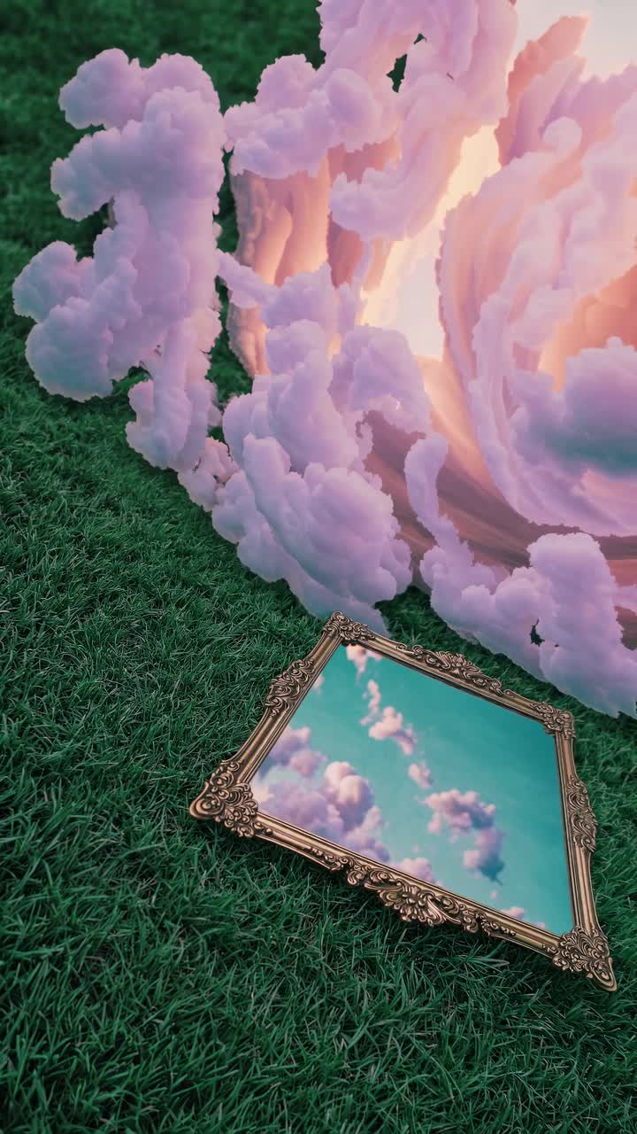 Surreal video concept with a low-angle view of a mirror on grass reflecting a sky with pink clouds
