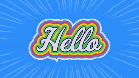 Animation of hello text banner with rainbow shadow effect against light trails on blue background