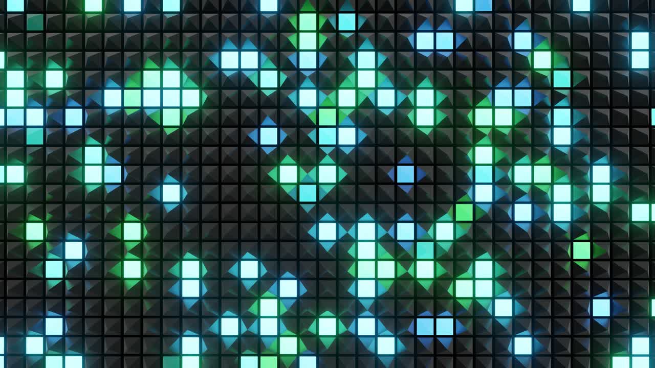 abstract festive background with black pyramids on a plane flashing multi-colored neon light randomly. Loop beautiful bg in 4k. Smooth animation 3d rendering.