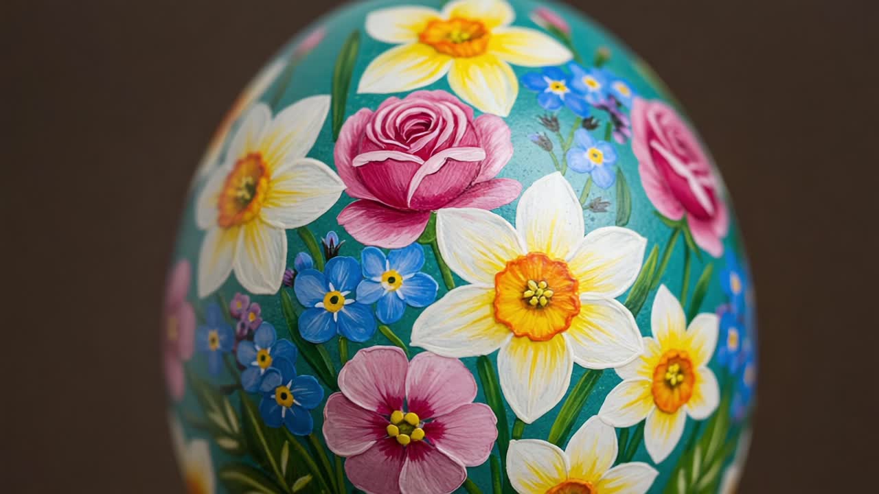 Uovo decorativo dipinto a mano con colori vivaci e decorato con fiori primaverili: una rappresentazione affascinante di maestria artistica con narcisi, rose e nontiscordardimé in fiore