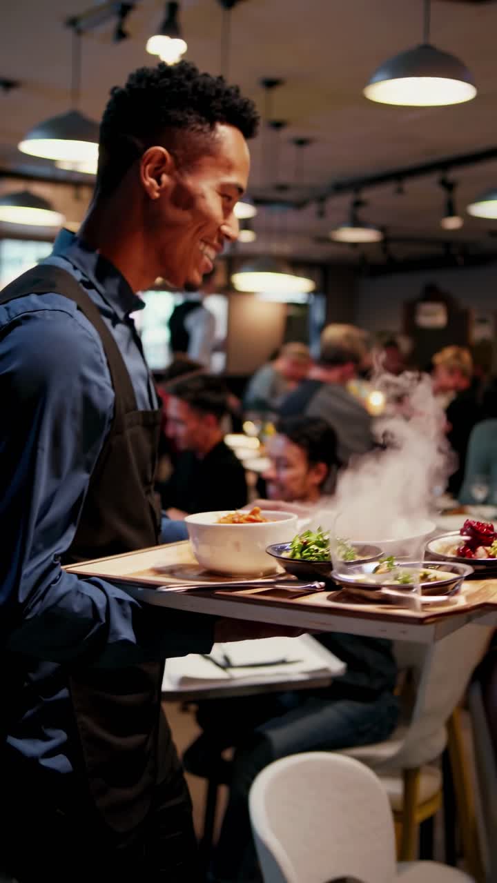 A lively restaurant scene, at eye level, featuring a smiling waiter serving steaming dishes video