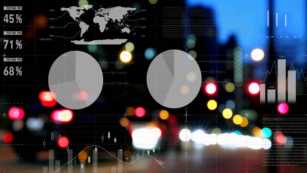 animación de múltiples gráficos y lenguaje informático que se mueve sobre las bengalas de la lente en la ciudad por la noche