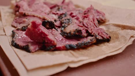 delicious pastrami meat in preparation to make sandwich, close up