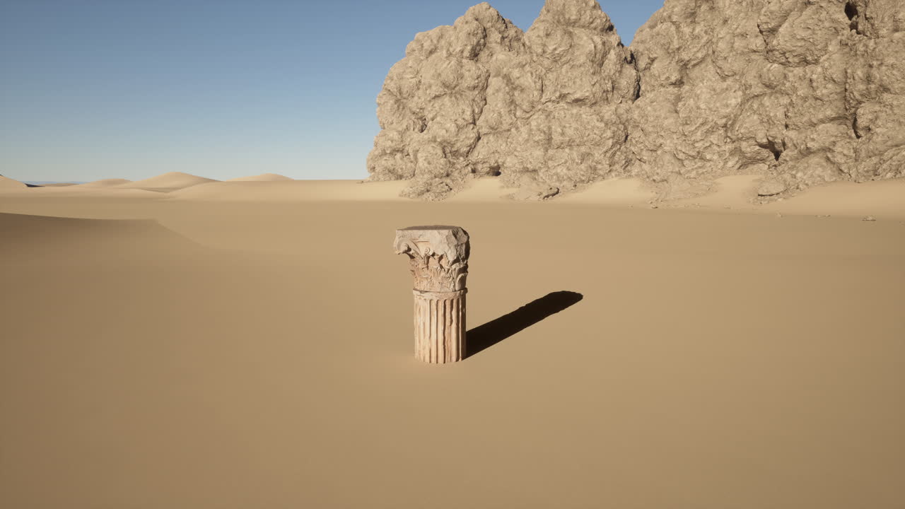 하나의 기둥이 광활한 사막 풍경에서 높이 서 있습니다.