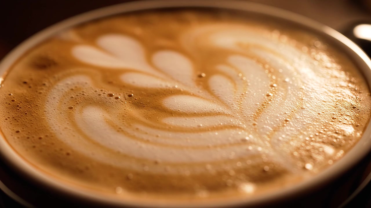 Primo piano dettagliato di latte art a forma di cuore in una tazza da caffè.