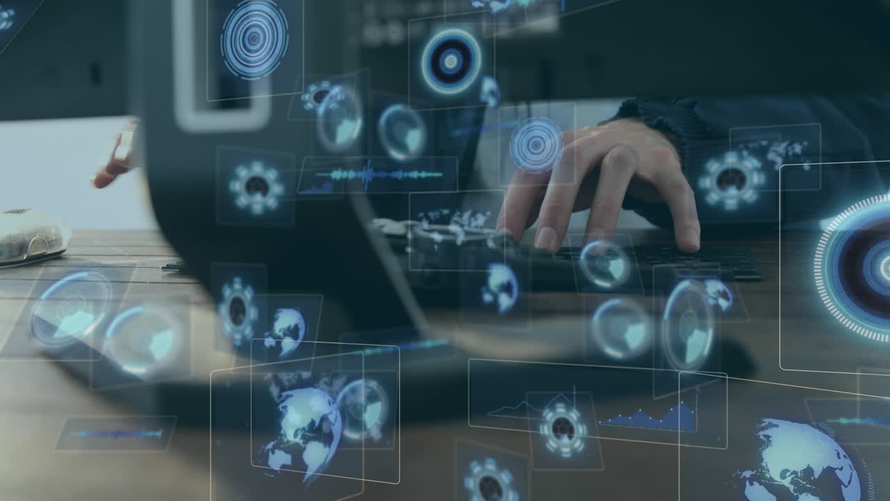 animación de escaneos y procesamiento de datos en pantallas sobre el hombre utilizando computadora