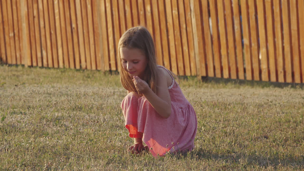 A young girl in a dress squatting on the grass