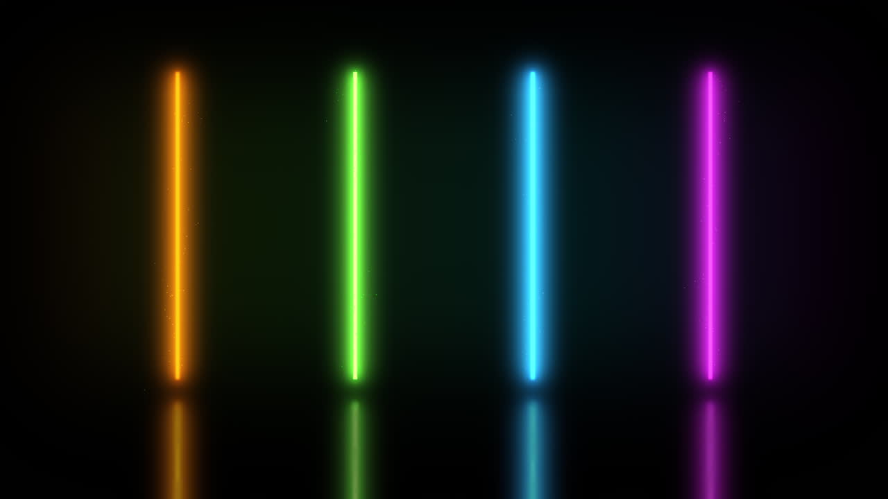 bucle de animación de tubos de neón multicolores brillantes y parpadeantes que emiten pequeñas partículas