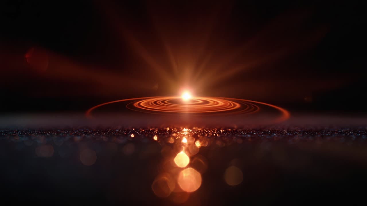 Un'alba cosmica mozzafiato: una luce radiosa emerge dallo spazio profondo, illuminando una formazione circolare in un paesaggio cosmico di particelle e riflessi cosmici