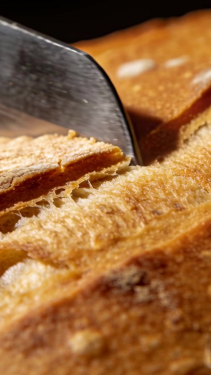 Video verticale: Primo taglio, coltello seghettato che affetta una pagnotta su un tagliere di legno, creando fette e briciole.