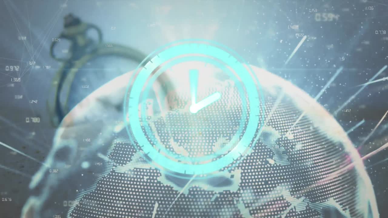 데이터 프로세싱과 지구상에서 움직이는 시계의 애니메이션