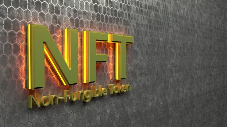 Golden NFT Crypto Art currency concept. Non Fungible Token with light flashing on abstract background. 3d Rendering seamless loop.