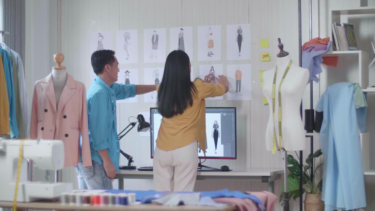 매기를 가진 아시아 남녀 디자이너들이 스튜디오에서 토론하기 전에 벽에 그림을 붙이는 것을 서로 도와줍니다.