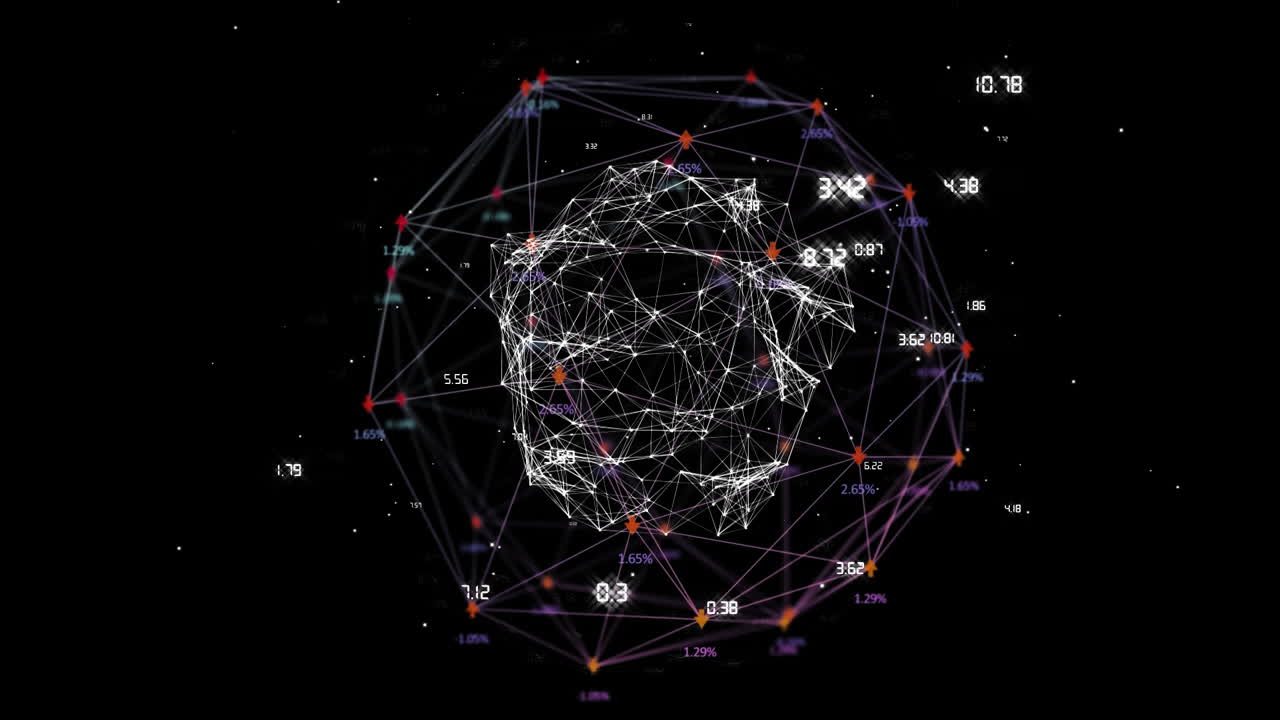 Digital composite video of web of connections with numbers against black background