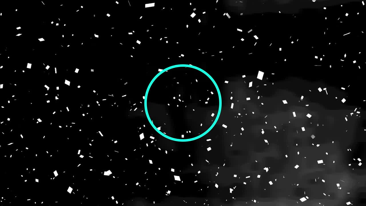 검은색 배경에 파란색 패턴과 박동하는 원으로 떨어지는 콘페티의 애니메이션