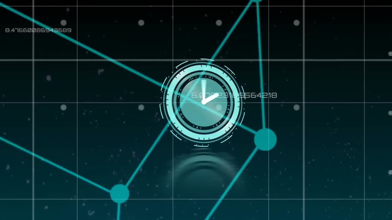 Animation of clock and data processing on grid background