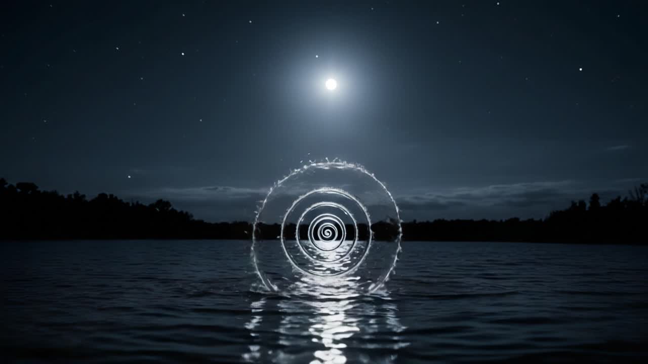 Mysterious Night Lake: Captivating Circles of Water Rippling Under a Full Moon with Stars Reflecting on a Serene Surface