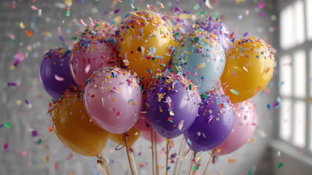 A Vibrant Celebration with Colorful Balloons Showered in Confetti, Capturing Joy and Festivity in This Delightful Scene of Party Decor