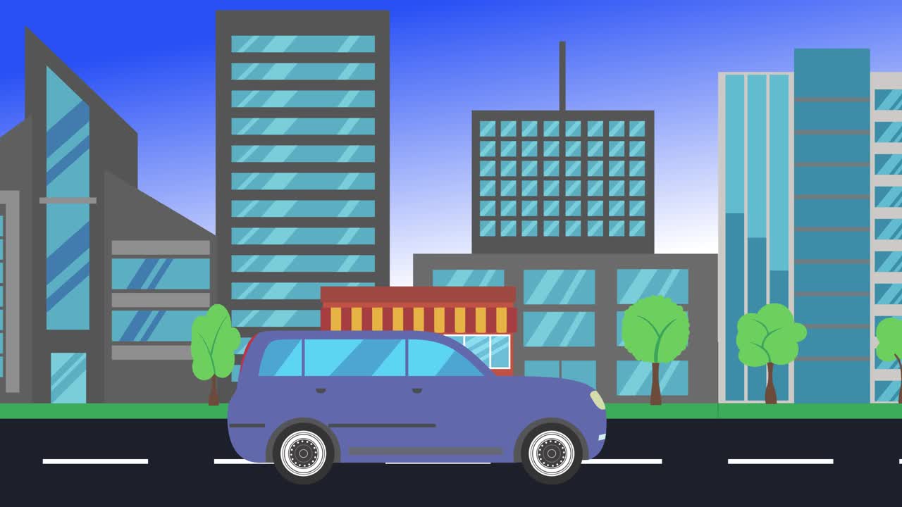 viajes en coche por la ciudad vista lateral, animación en bucle, fondo de diseño plano