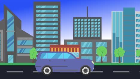 car driving rides around city side view, loop animation, flat design background