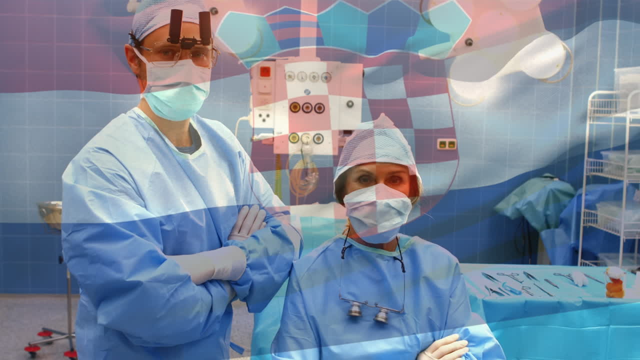 얼굴 마스크를 쓴 외과 의사 들 위 에 크로아티아 의  ⁇ 발 이 흔들리는 애니메이션