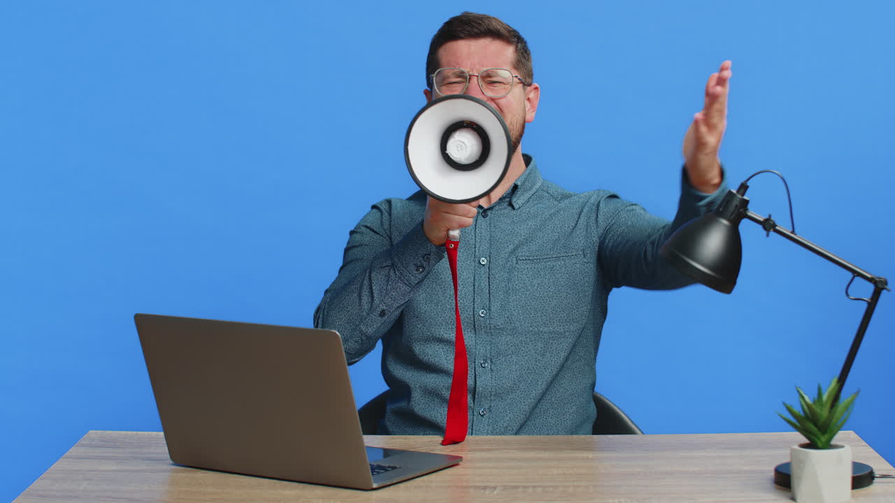 Man talking with megaphone proclaiming news loudly announcing advertisement discounts sale