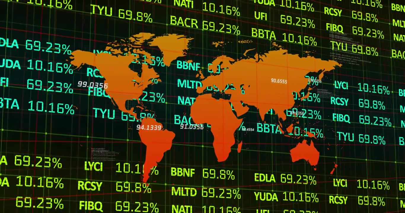 Animation of financial data processing over cityscape