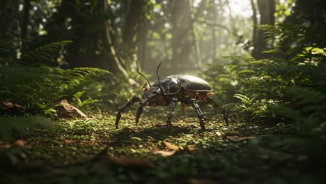 a futuristic robotic insect in a lush green forest with dappled sunshine, showcasing advanced technology and nature's beauty intertwined in harmony