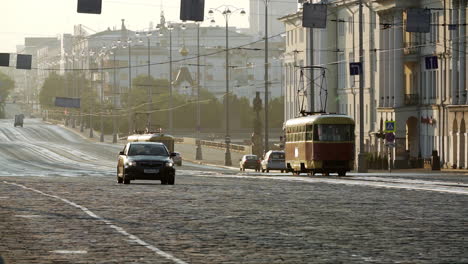 city street with tram in the morning