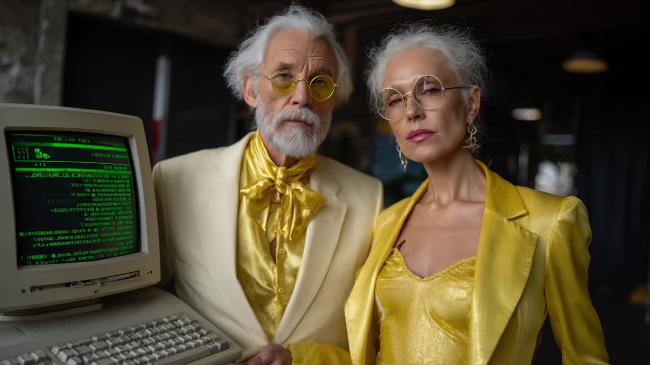 A Stylish Retro Couple in Yellow Suits Posing with an Old Computer, Showcasing Vintage Fashion and Futuristic Technology in a Captivating Contrast