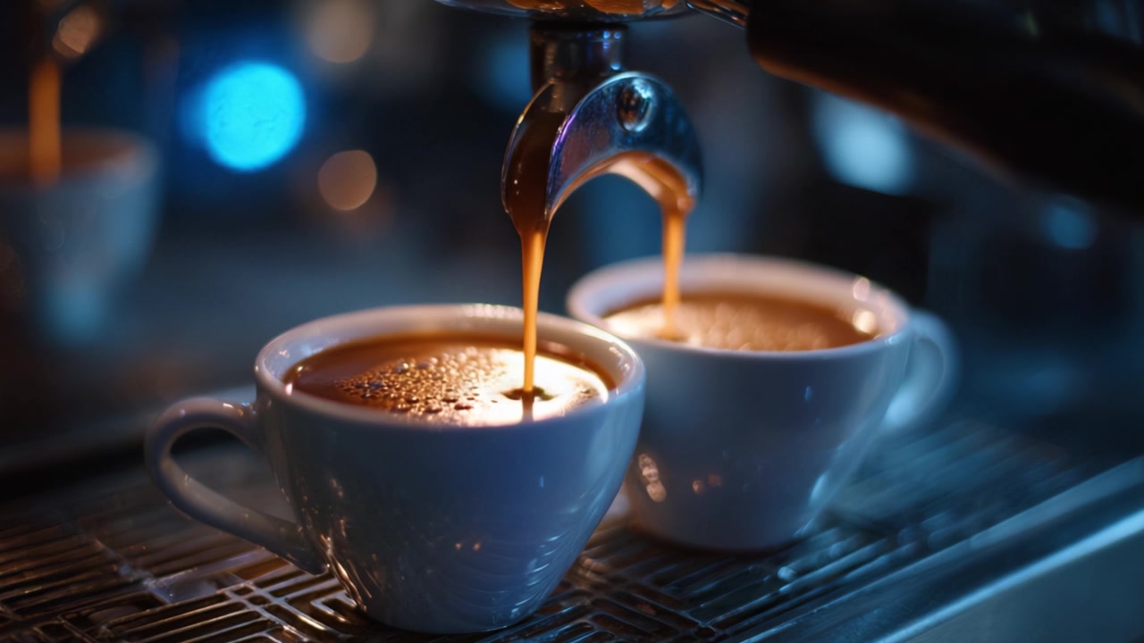 Nærbillede af espressoekstraktion: Friskbrygget kaffekoncentrat hældes i kopper fra en baristas kaffemaskine på en hyggelig café.