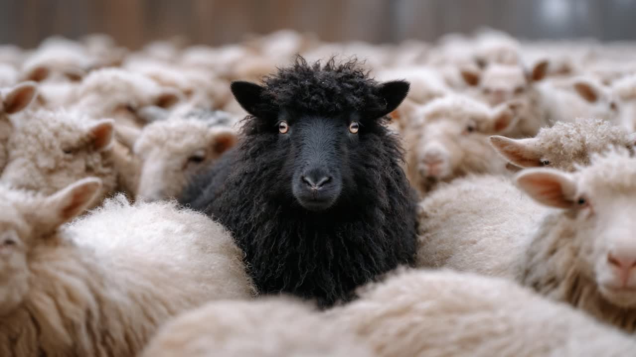 Amidst a Sea of Wool: A Striking Contrast of a Black Sheep Surrounded by Fluffy White Counterparts in a Pastoral Landscape