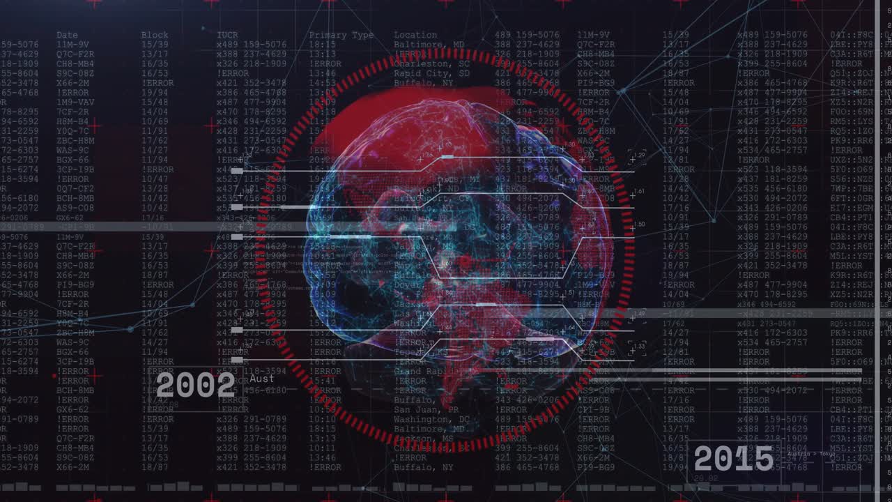 Loading digital interface revealing 3D brain, red ring rotating with labels tracking timeline