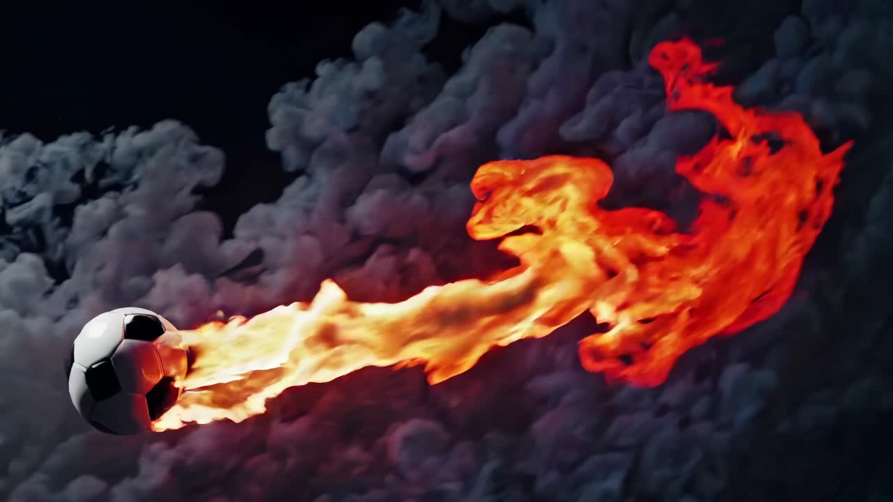 Dynamic video concept of a flaming soccer ball soaring through smoky clouds, captured from a side